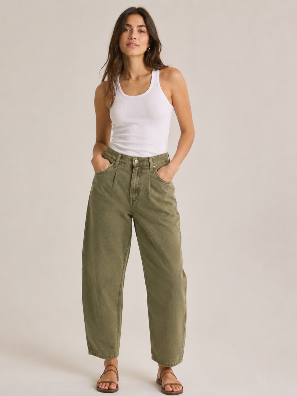 Current/Elliott NWT Cotton Linen The Pleated Barrel Pants in Army Green Size 2
